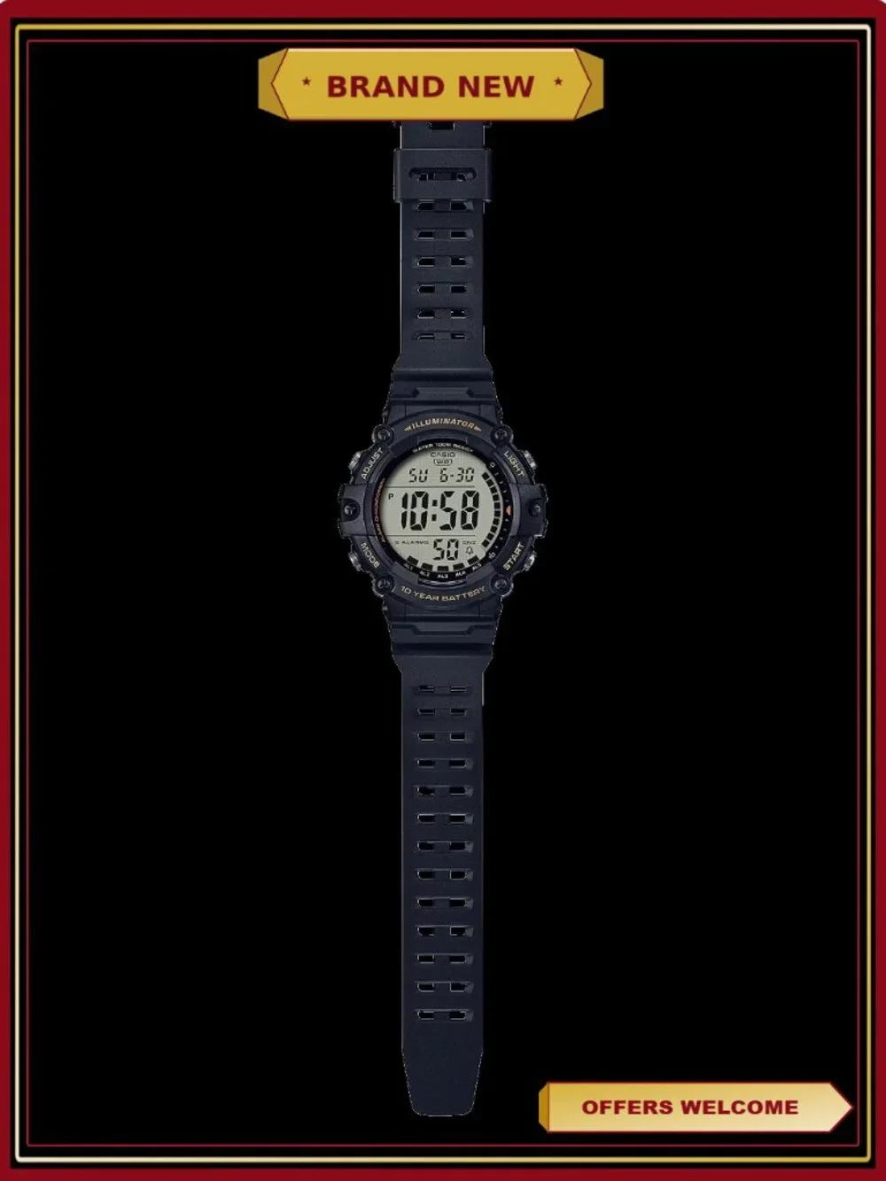 Men's Wide Face Digital Watch with Extra Long Resin Strap, 100m Water Resistant